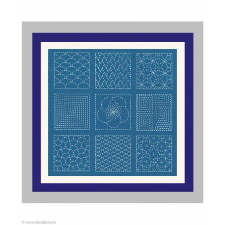 Bonheur des Dames, kit imprimé Sashico carrés sur fond bleu (BD3802)