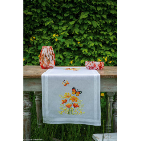 Vervaco, kit imprimé chemin de table Fleurs orange et papillons (PN0187941)